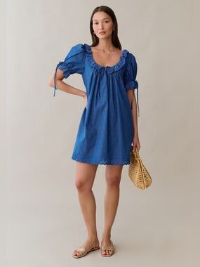 Kourt x Few Moda Juliet Cotton Mini Dress Blue Eyelet Puff Sleeve XL NWT